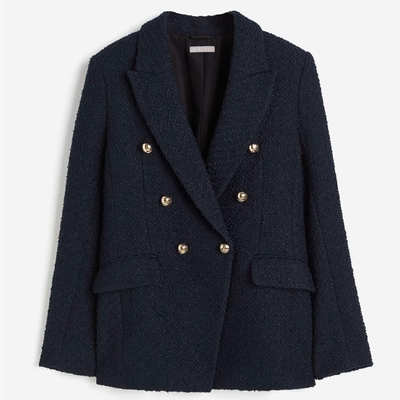 H&M Double Breasted Blazer Textured Woven Fabric Navy Blue LIKE NEW EUC - Picture 3 of 10